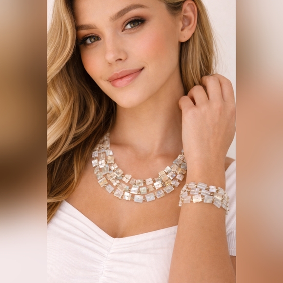 Jewelry - Mother-of-Pearl Necklace & Bracelet Set | Iridescent Beaded Jewelry